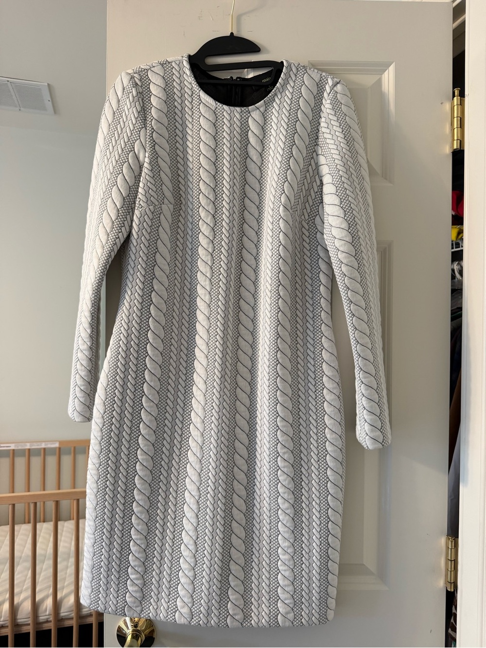 White Cable-Pattern Long Sleeve Knit Dress